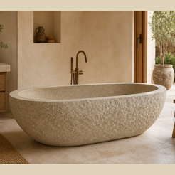 Solea BT-109A Harvest Gold Granite bathtub, complete styled bathroom view 1; original silhouette and finish preserved