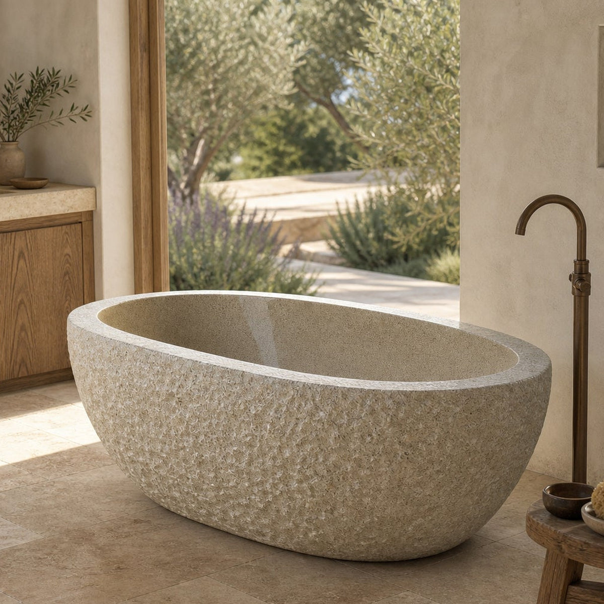 Solea Harvest Gold Granite freestanding soaking bathtub, luxury spa lifestyle view, cropped from original