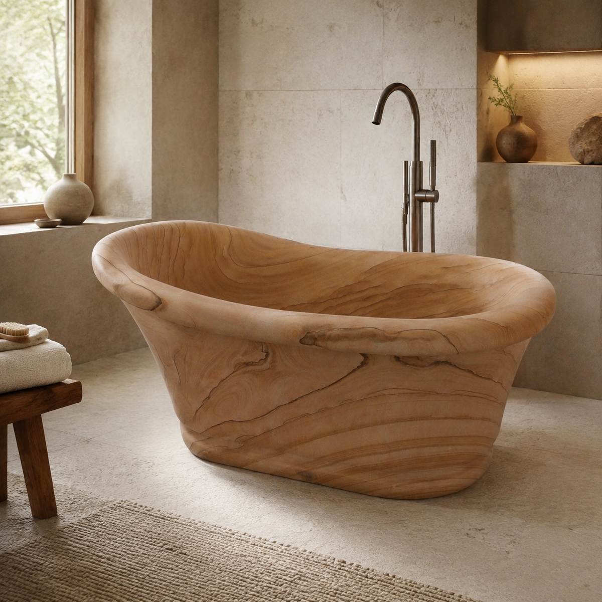 Solenne Raised-End Freestanding Soaking Bathtub – Natural Sandstone in a warm ivory-limestone luxury bathroom; exact product geometry and material preserved