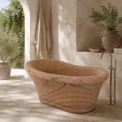 Solenne Raised-End Freestanding Soaking Bathtub – Natural Sandstone in a bright serene courtyard spa bathroom; exact product geometry and material preserved