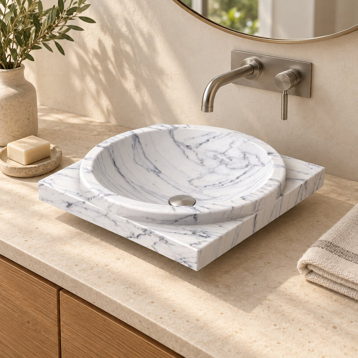 Somaya Carrara Marble Vessel Sink — three-quarter bathroom lifestyle
