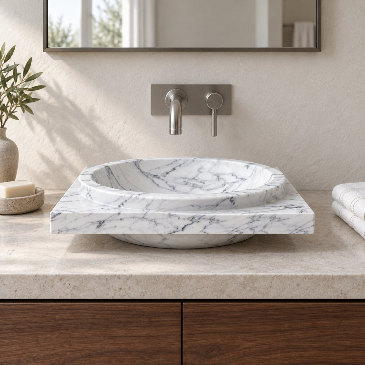 Somaya Carrara Marble Vessel Sink — low frontal bathroom lifestyle