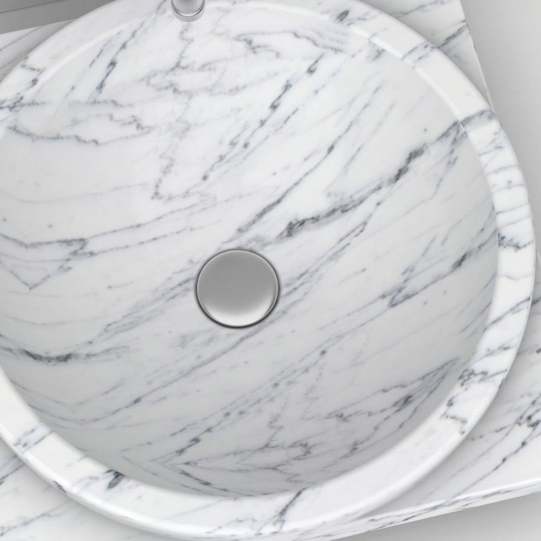 Somaya Carrara Marble Vessel Sink, interior, material and drain area detail