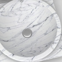 Somaya Carrara Marble Vessel Sink, interior, material and drain area detail
