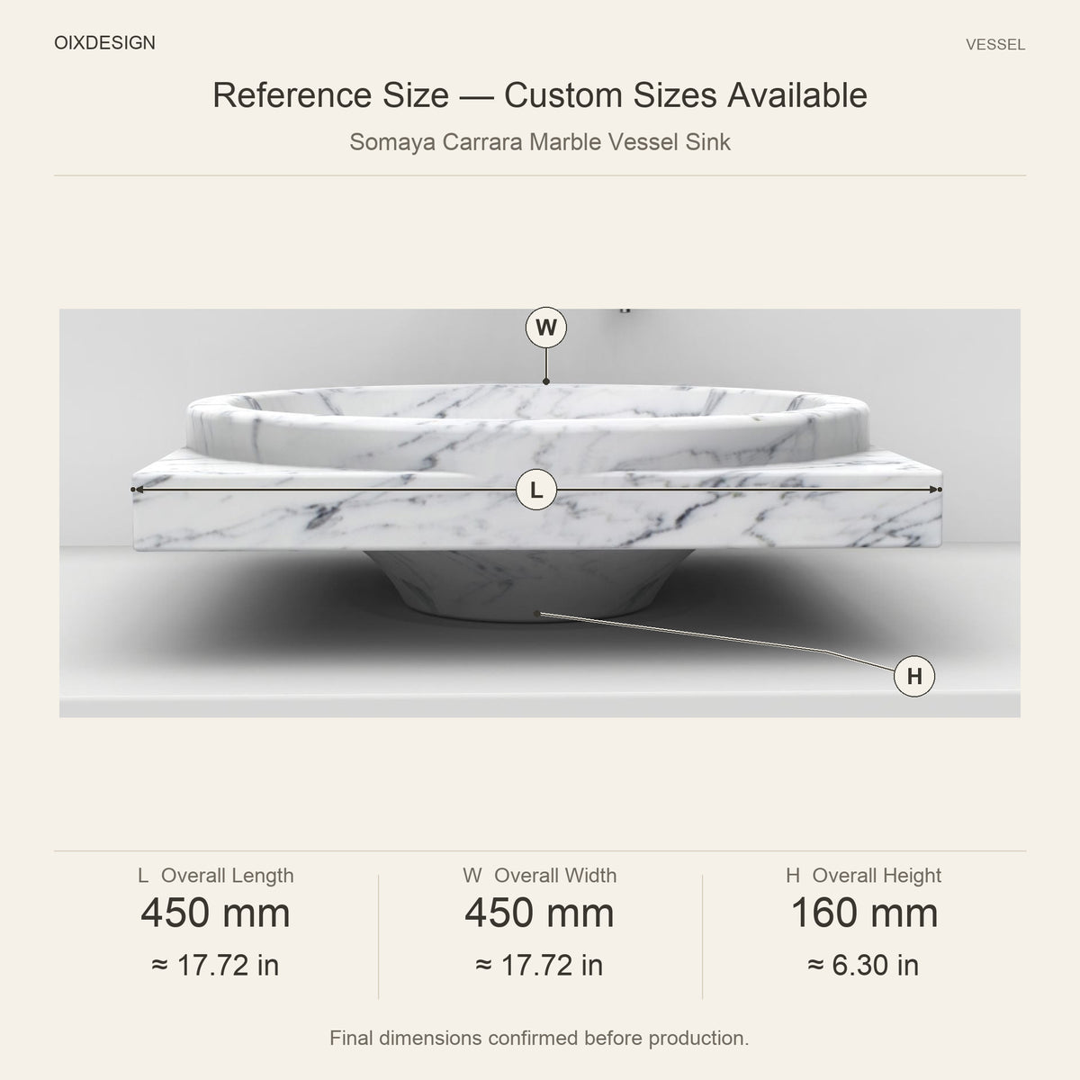 Somaya Carrara Marble Vessel Sink reference overall dimensions in millimeters and inches