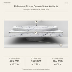 Somaya Carrara Marble Vessel Sink reference overall dimensions in millimeters and inches