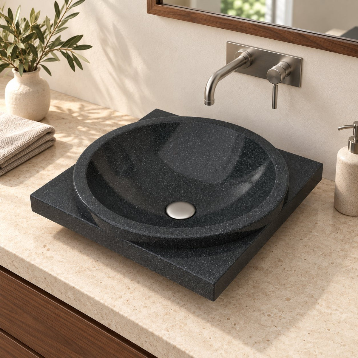 Somaya Neroco Stone Vessel Sink — three-quarter bathroom lifestyle