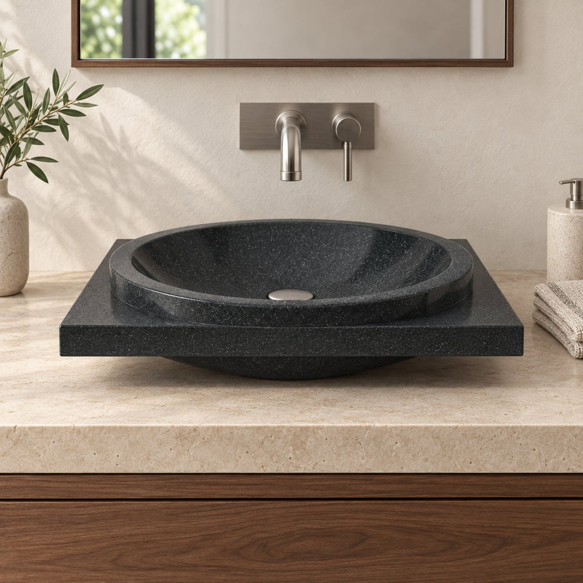 Somaya Neroco Stone Vessel Sink — low frontal bathroom lifestyle
