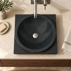 Somaya Neroco Stone Vessel Sink — overhead bathroom lifestyle