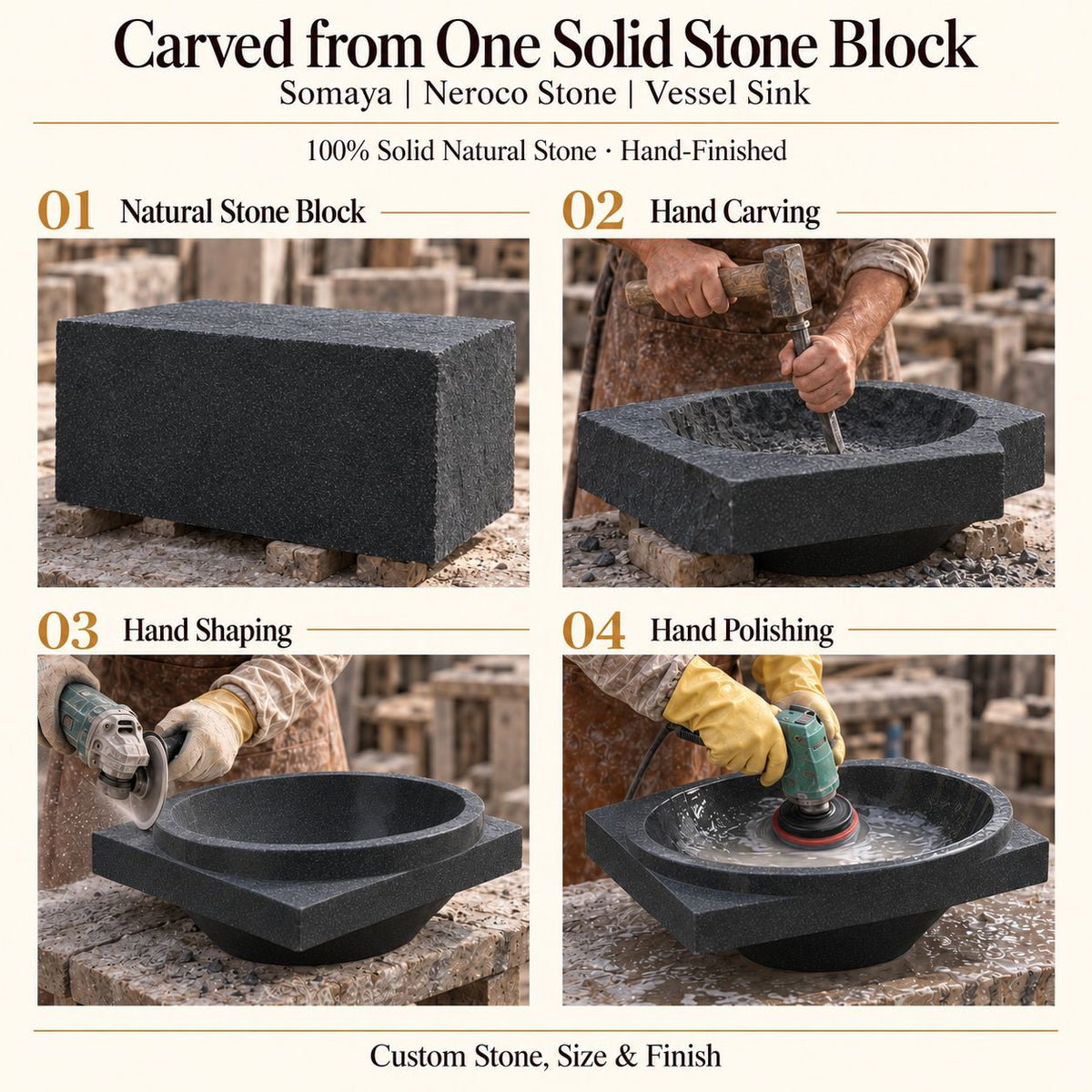 Somaya Neroco Stone Vessel Sink carved from one solid stone block, showing manual hammer-and-chisel carving, hand shaping and hand polishing; custom stone, size and finish.