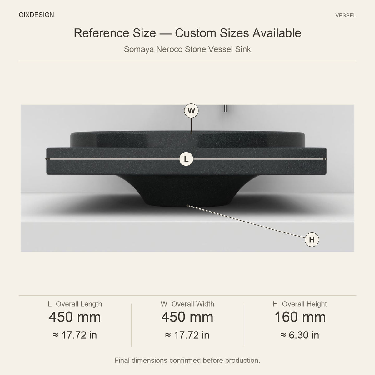 Somaya Neroco Stone Vessel Sink reference overall dimensions in millimeters and inches