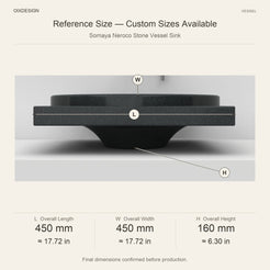Somaya Neroco Stone Vessel Sink reference overall dimensions in millimeters and inches