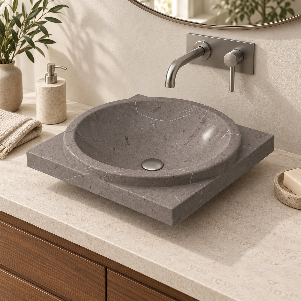 Somaya Perlato Marble Vessel Sink — three-quarter bathroom lifestyle