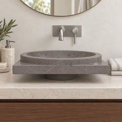 Somaya Perlato Marble Vessel Sink — low frontal bathroom lifestyle