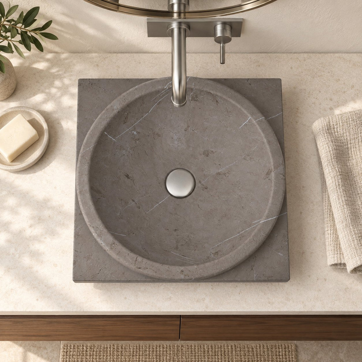 Somaya Perlato Marble Vessel Sink — overhead bathroom lifestyle