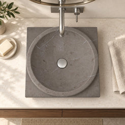 Somaya Perlato Marble Vessel Sink — overhead bathroom lifestyle