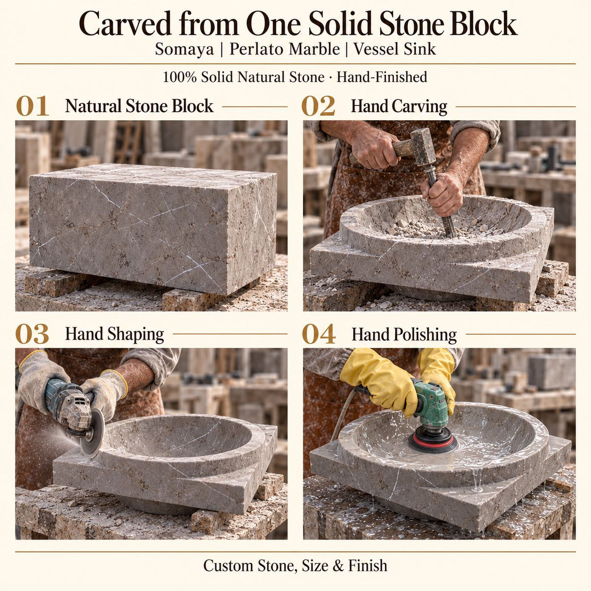 Somaya Perlato Marble Vessel Sink carved from one solid stone block, showing manual hammer-and-chisel carving, hand shaping and hand polishing; custom stone, size and finish.