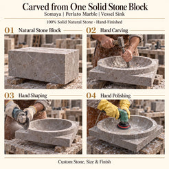 Somaya Perlato Marble Vessel Sink carved from one solid stone block, showing manual hammer-and-chisel carving, hand shaping and hand polishing; custom stone, size and finish.