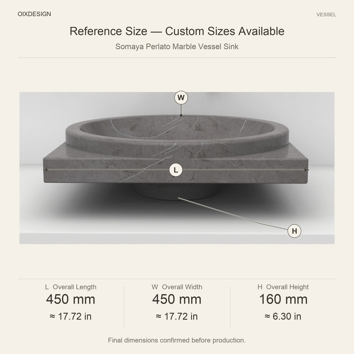 Somaya Perlato Marble Vessel Sink reference overall dimensions in millimeters and inches