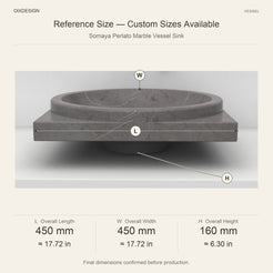 Somaya Perlato Marble Vessel Sink reference overall dimensions in millimeters and inches