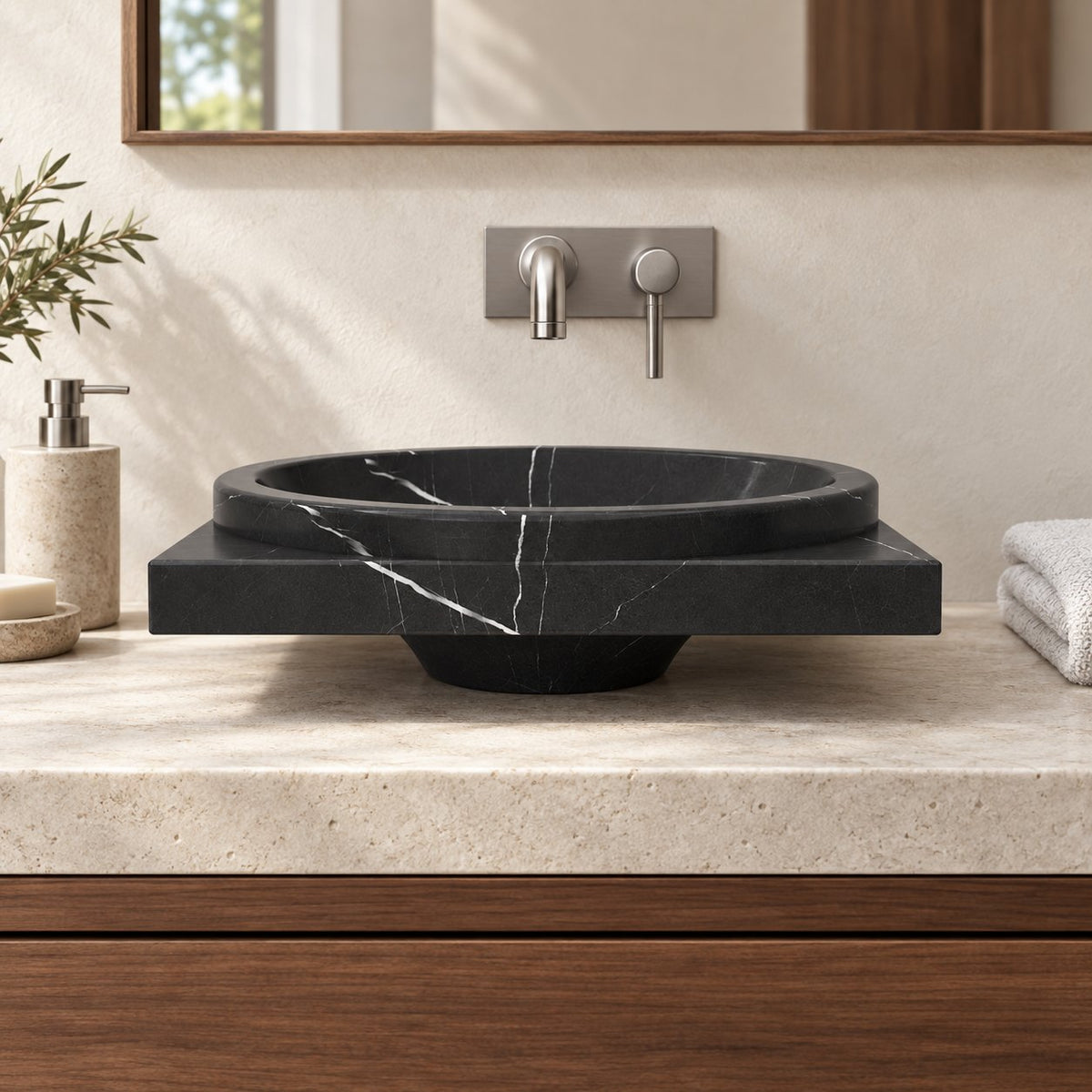 Somaya Portoro Marble Vessel Sink — low frontal bathroom lifestyle