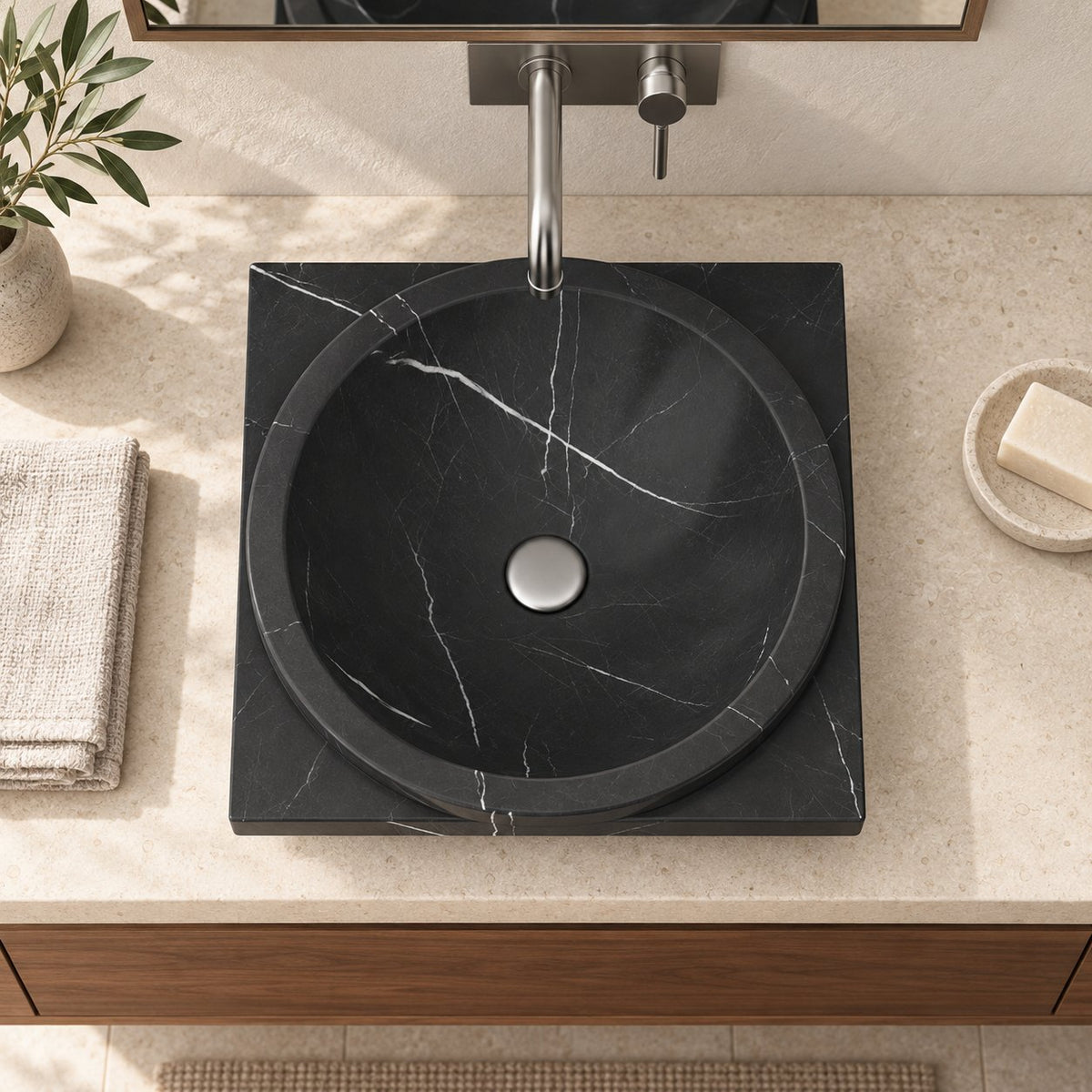 Somaya Portoro Marble Vessel Sink — overhead bathroom lifestyle