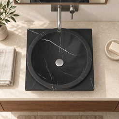 Somaya Portoro Marble Vessel Sink — overhead bathroom lifestyle