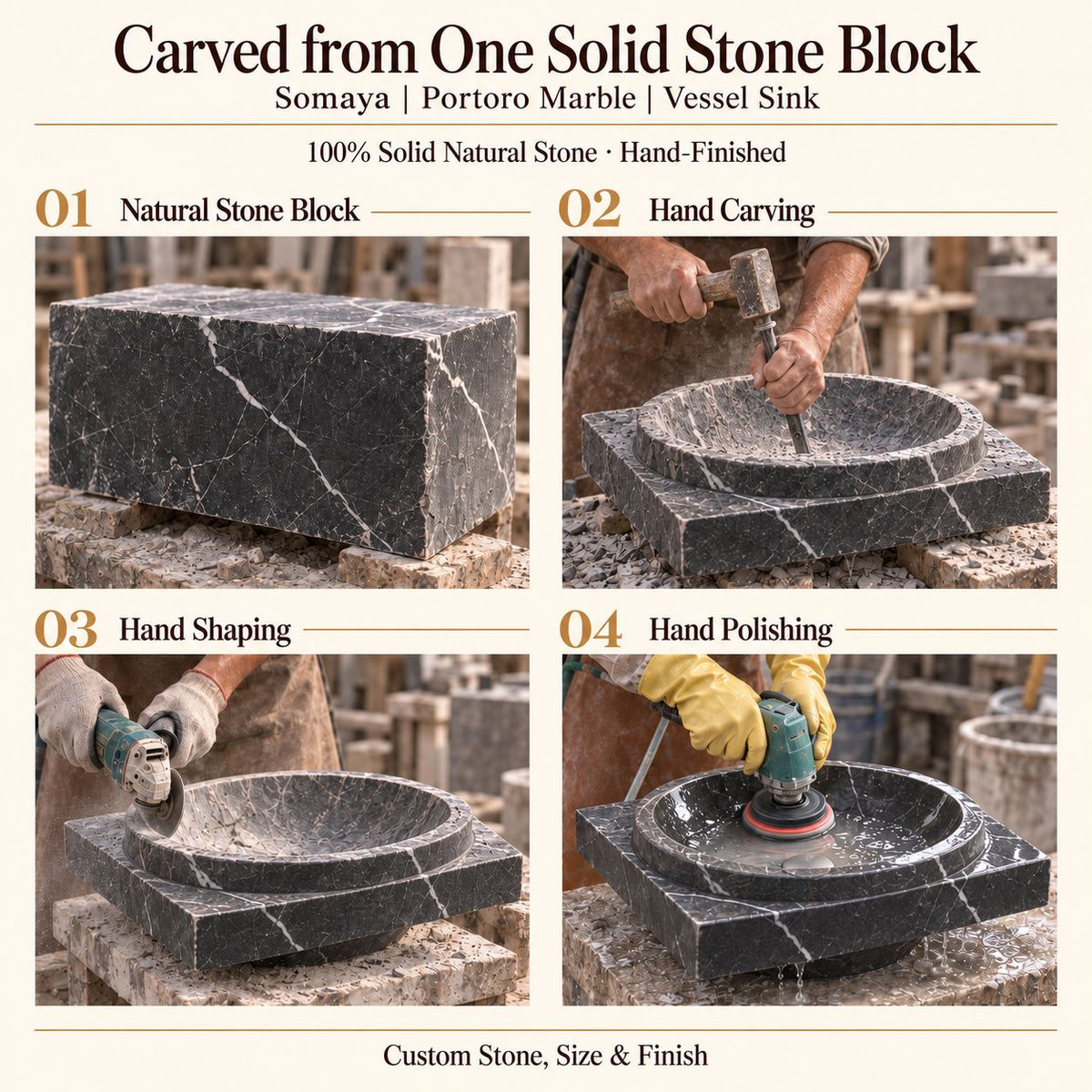 Somaya Portoro Marble Vessel Sink carved from one solid stone block, showing manual hammer-and-chisel carving, hand shaping and hand polishing; custom stone, size and finish.
