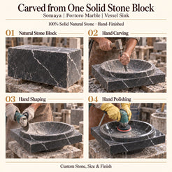 Somaya Portoro Marble Vessel Sink carved from one solid stone block, showing manual hammer-and-chisel carving, hand shaping and hand polishing; custom stone, size and finish.