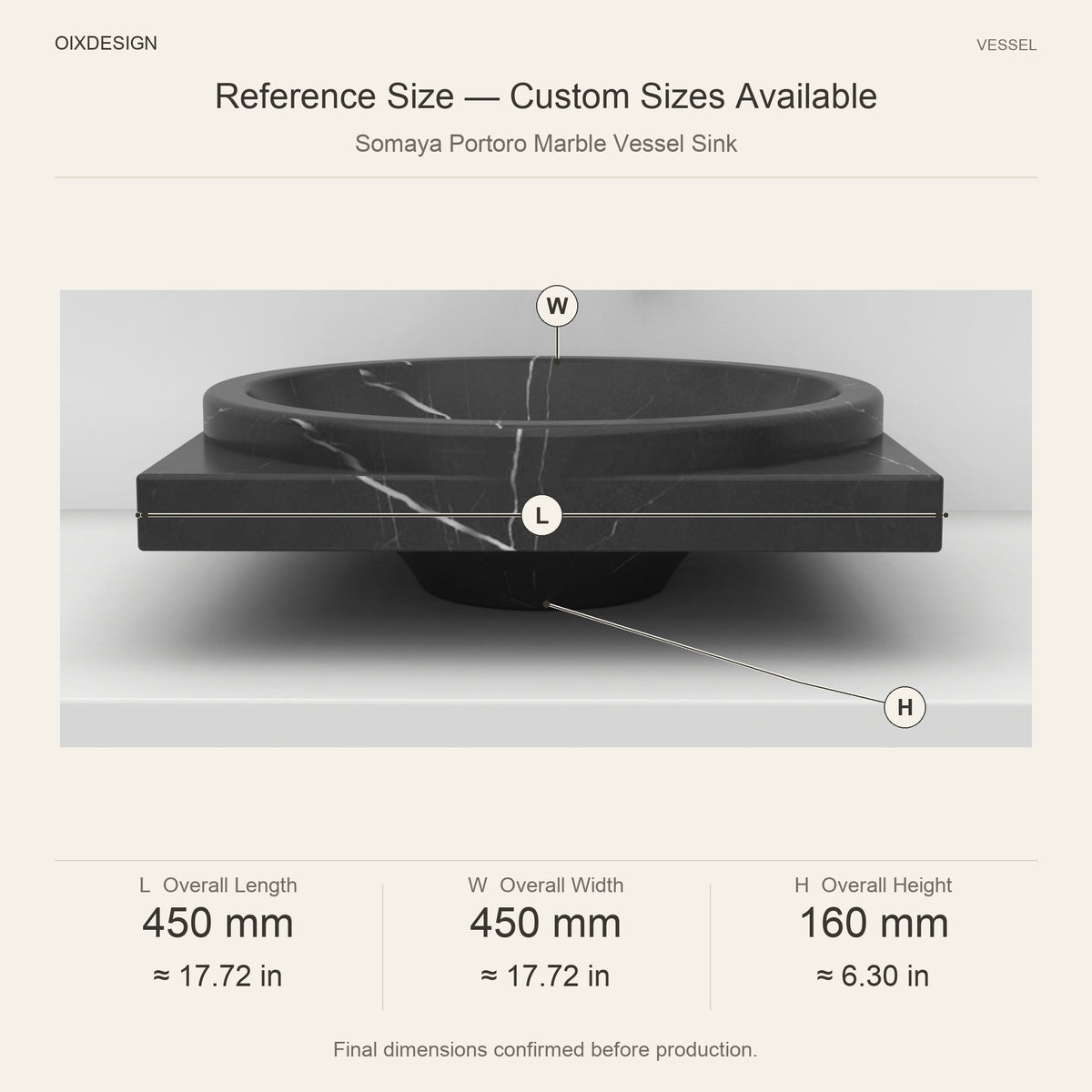 Somaya Portoro Marble Vessel Sink reference overall dimensions in millimeters and inches