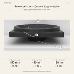 Somaya Portoro Marble Vessel Sink reference overall dimensions in millimeters and inches