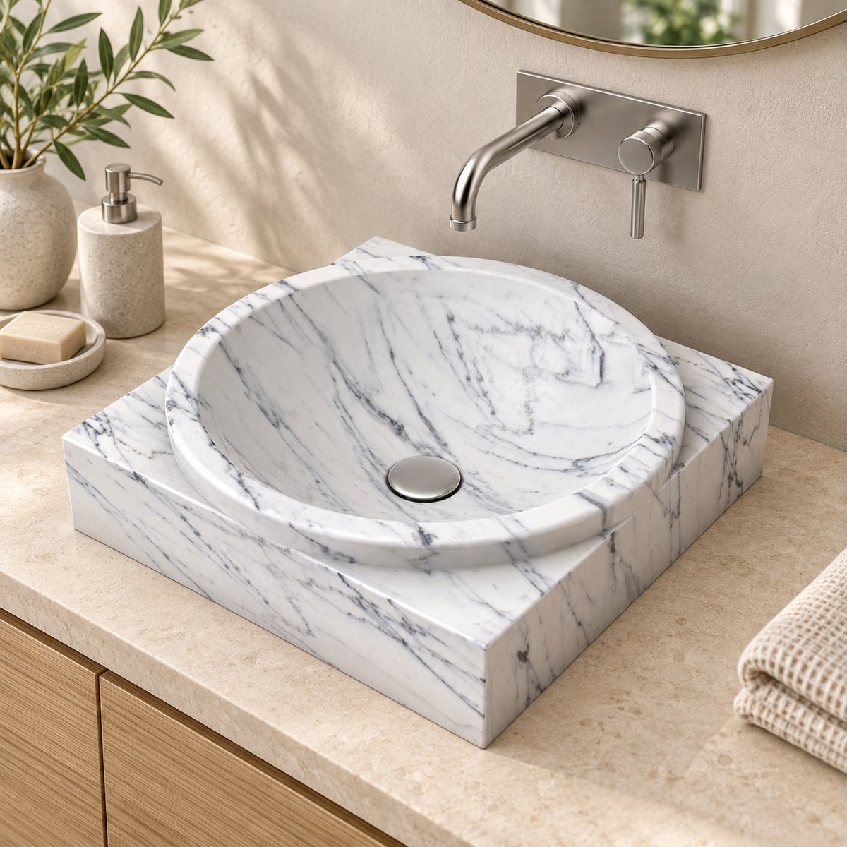 Somila Carrara Marble Vessel Sink — three-quarter bathroom lifestyle