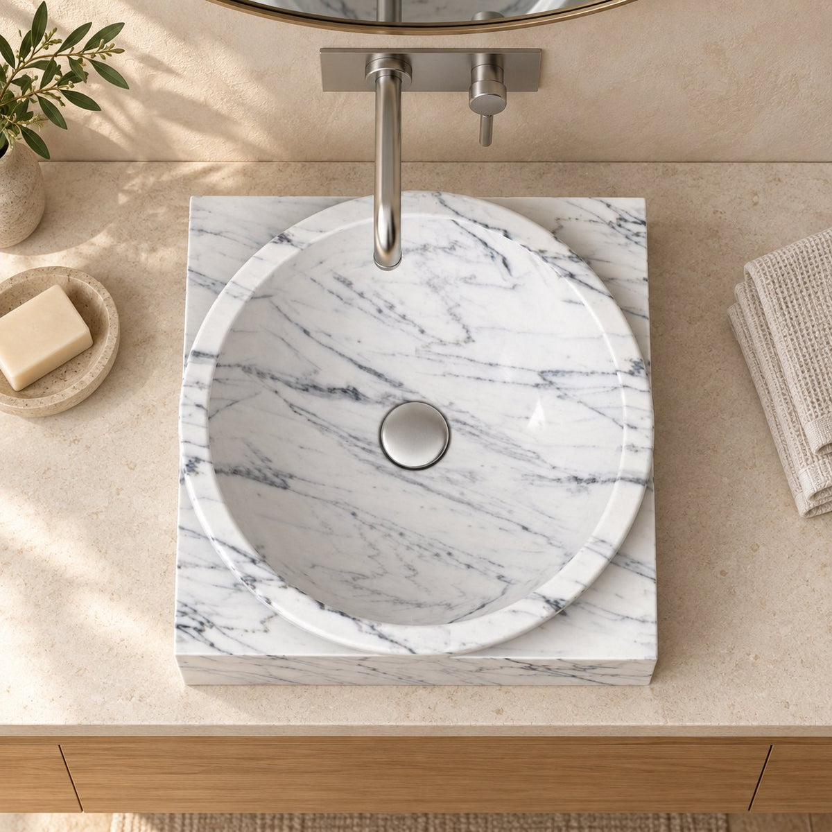 Somila Carrara Marble Vessel Sink — overhead bathroom lifestyle