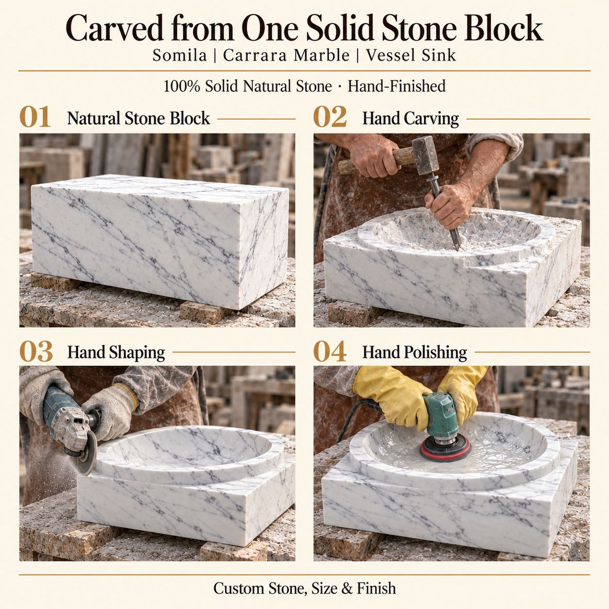 Somila Carrara Marble Vessel Sink carved from one solid stone block, showing manual hammer-and-chisel carving, hand shaping and hand polishing; custom stone, size and finish.