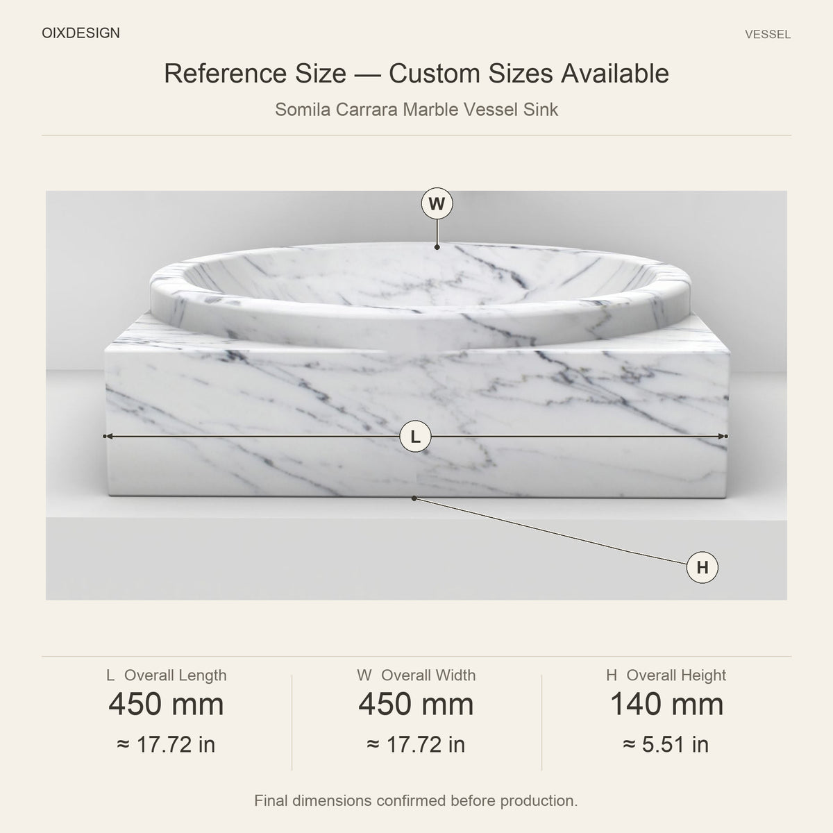Somila Carrara Marble Vessel Sink reference overall dimensions in millimeters and inches
