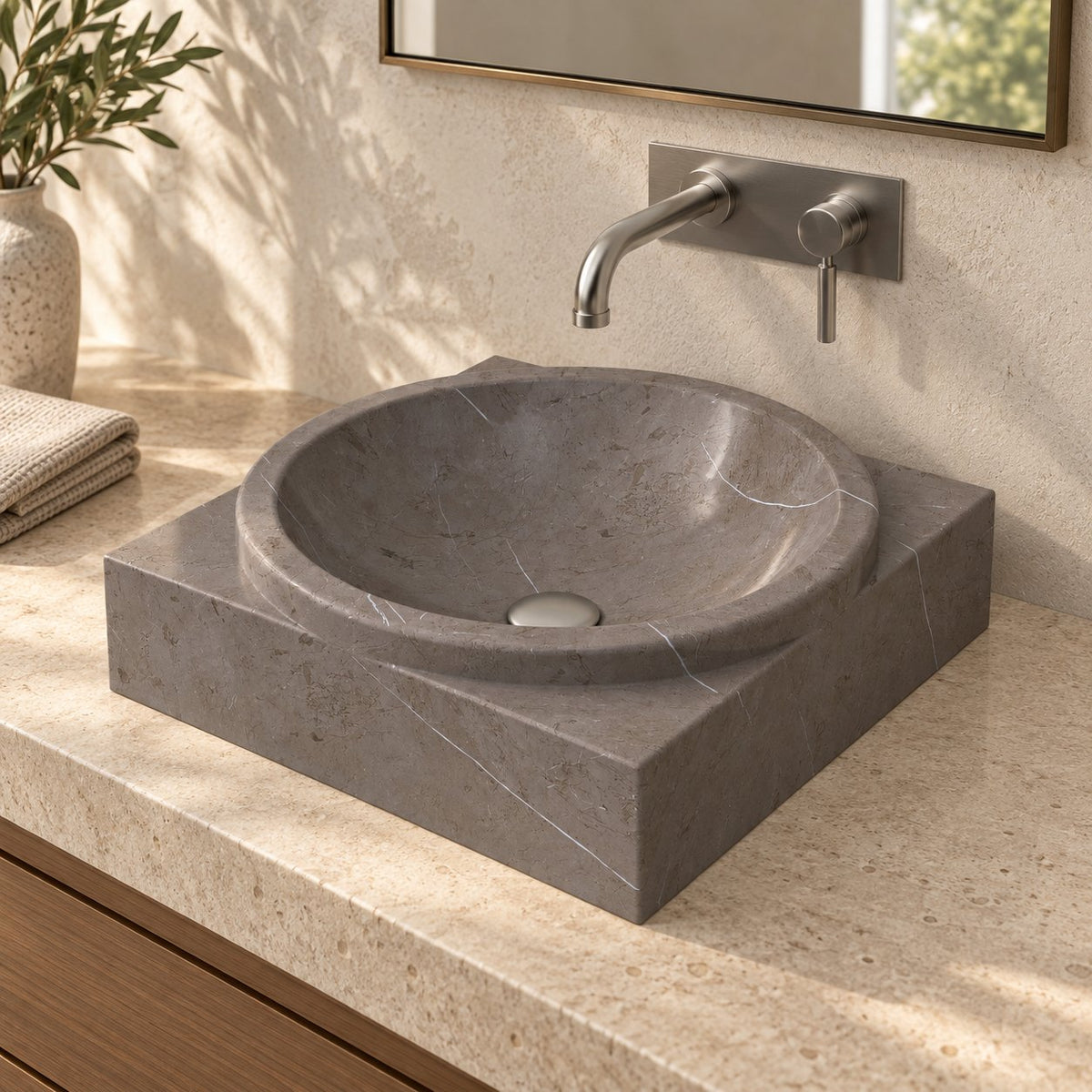 Somila Perlato Marble Vessel Sink — three-quarter bathroom lifestyle