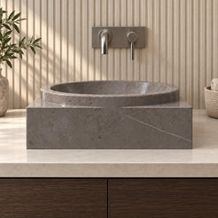 Somila Perlato Marble Vessel Sink — low frontal bathroom lifestyle