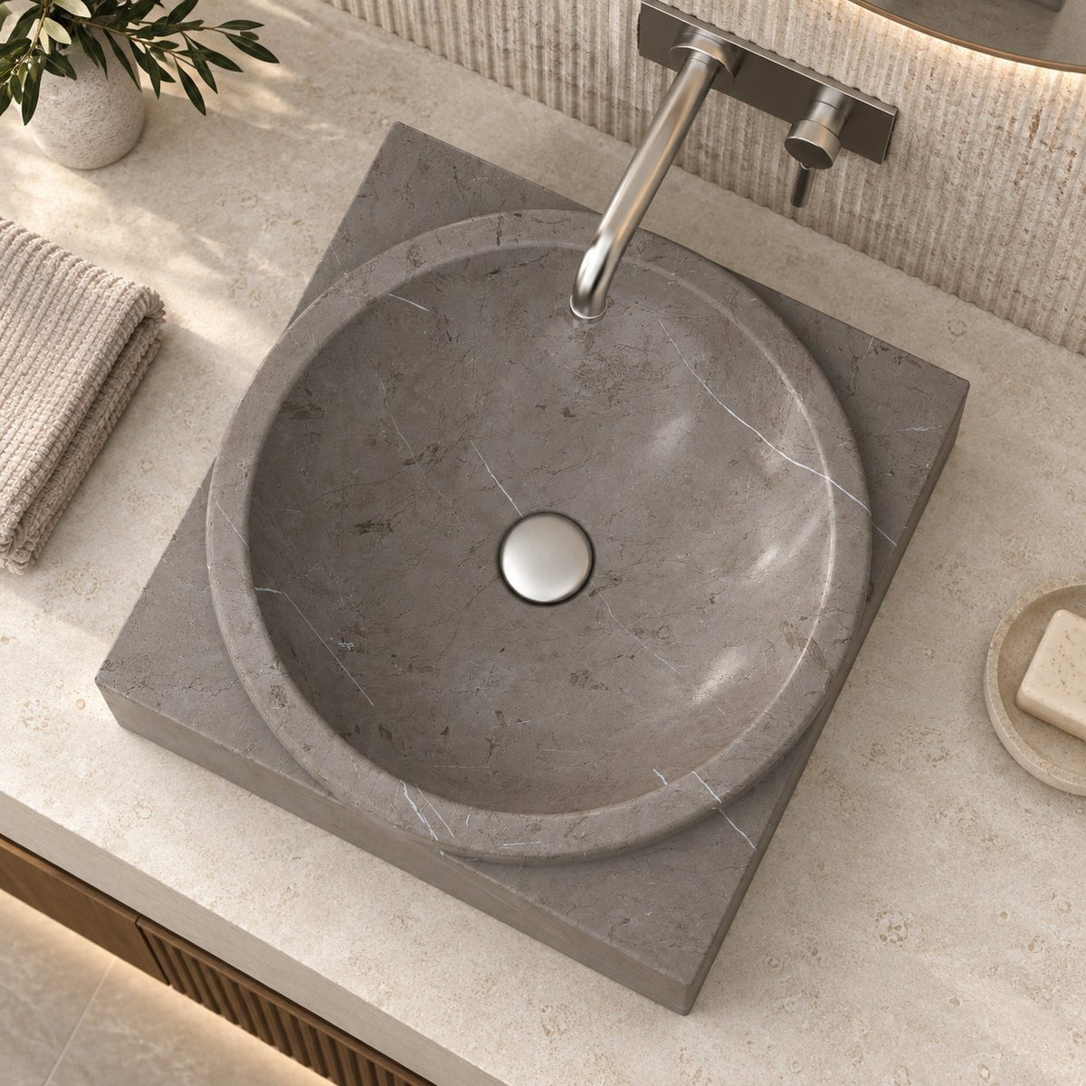 Somila Perlato Marble Vessel Sink — overhead bathroom lifestyle