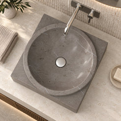 Somila Perlato Marble Vessel Sink — overhead bathroom lifestyle