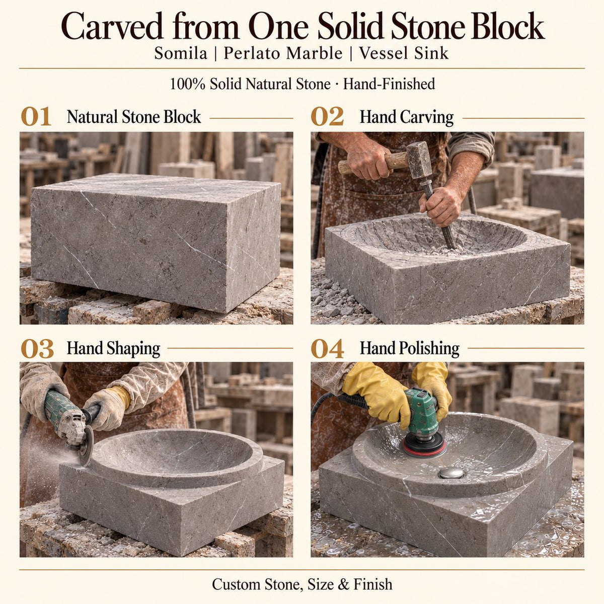 Somila Perlato Marble Vessel Sink carved from one solid stone block, showing manual hammer-and-chisel carving, hand shaping and hand polishing; custom stone, size and finish.
