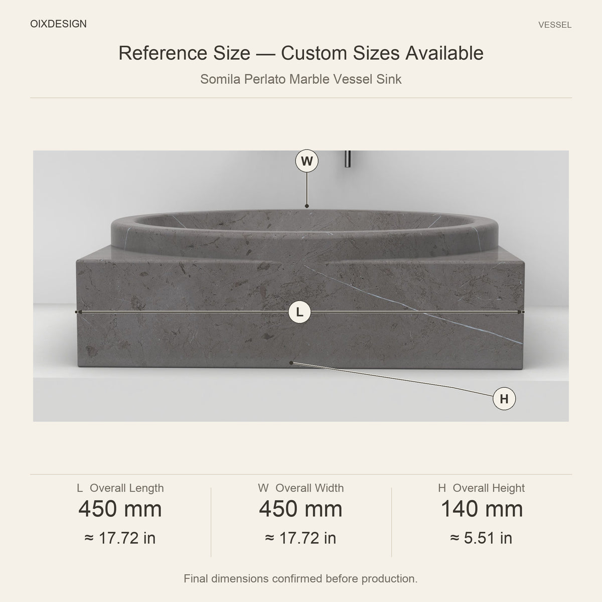 Somila Perlato Marble Vessel Sink reference overall dimensions in millimeters and inches