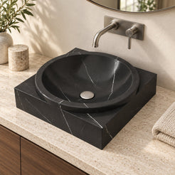 Somila Portoro Marble Vessel Sink — three-quarter bathroom lifestyle