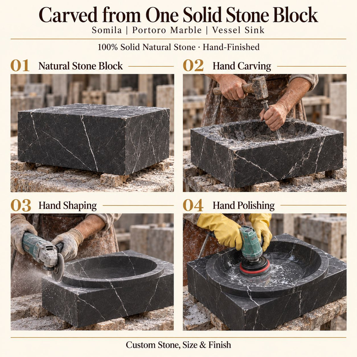 Somila Portoro Marble Vessel Sink carved from one solid stone block, showing manual hammer-and-chisel carving, hand shaping and hand polishing; custom stone, size and finish.