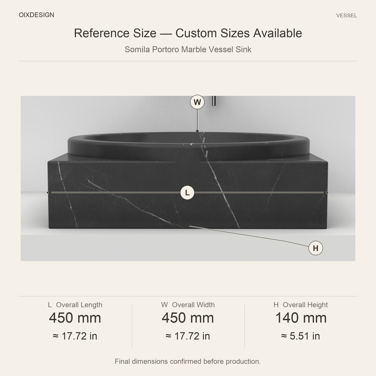 Somila Portoro Marble Vessel Sink reference overall dimensions in millimeters and inches