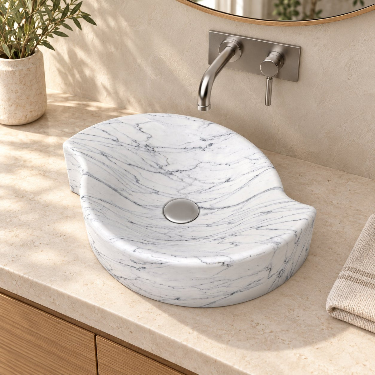 Sommer Carrara Marble Vessel Sink — three-quarter bathroom lifestyle