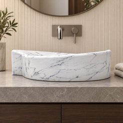 Sommer Carrara Marble Vessel Sink — low frontal bathroom lifestyle