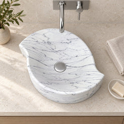 Sommer Carrara Marble Vessel Sink — overhead bathroom lifestyle