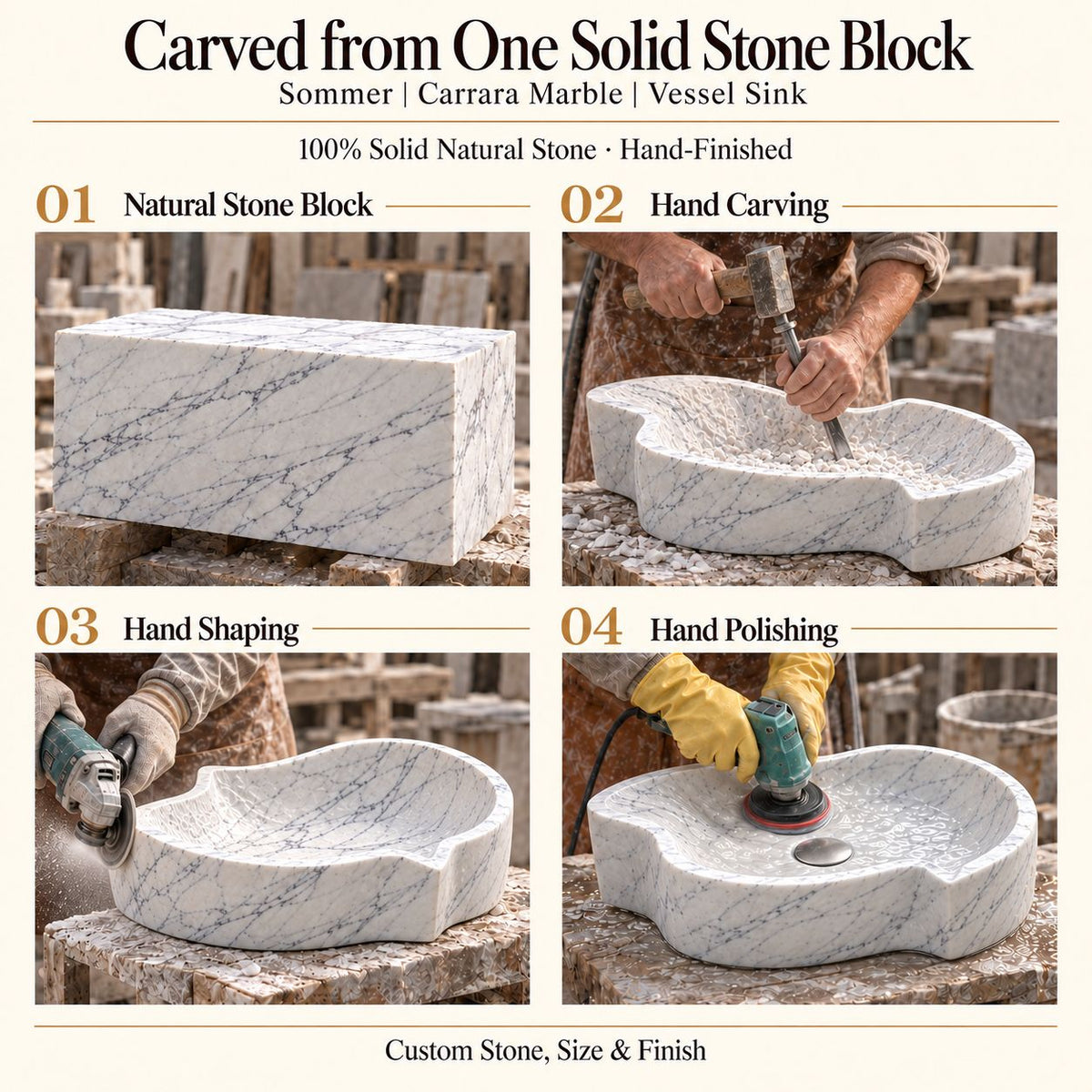 Sommer Carrara Marble Vessel Sink carved from one solid stone block, showing manual hammer-and-chisel carving, hand shaping and hand polishing; custom stone, size and finish.