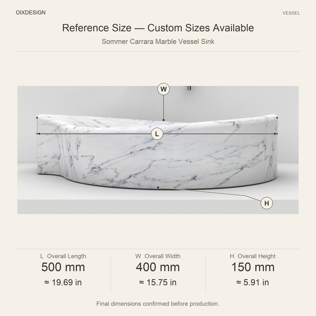 Sommer Carrara Marble Vessel Sink reference overall dimensions in millimeters and inches