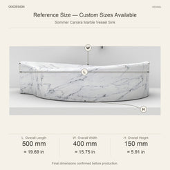 Sommer Carrara Marble Vessel Sink reference overall dimensions in millimeters and inches
